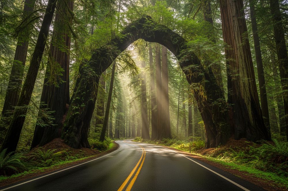 Highway 101 curving through a grove of coast redwoods with sunbeams coming through the canopy