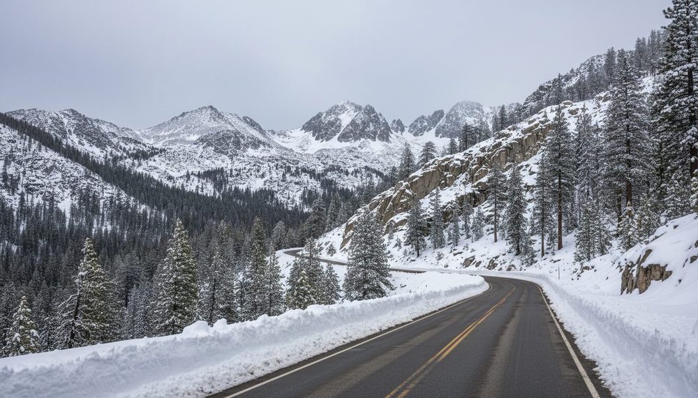 A cleared mountain highway winding between snowbanks below snow-covered Sierra peaks