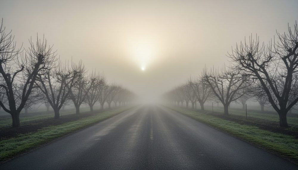 A two-lane road disappearing into thick tule fog between bare orchard rows in the Central Valley